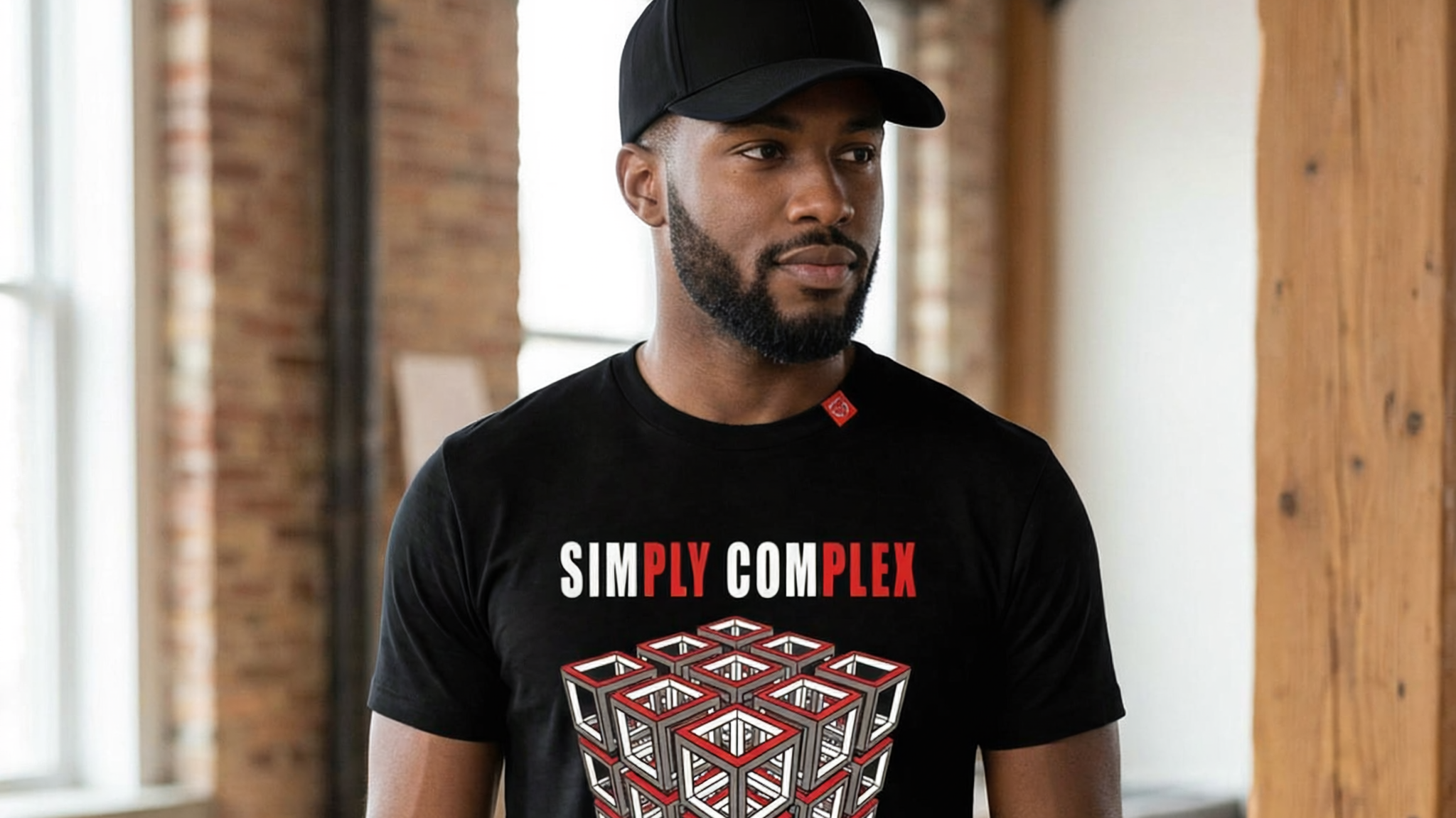 Man wearing a black t-shirt with 'Simply Complex' design in a room with wooden floors and brick walls.