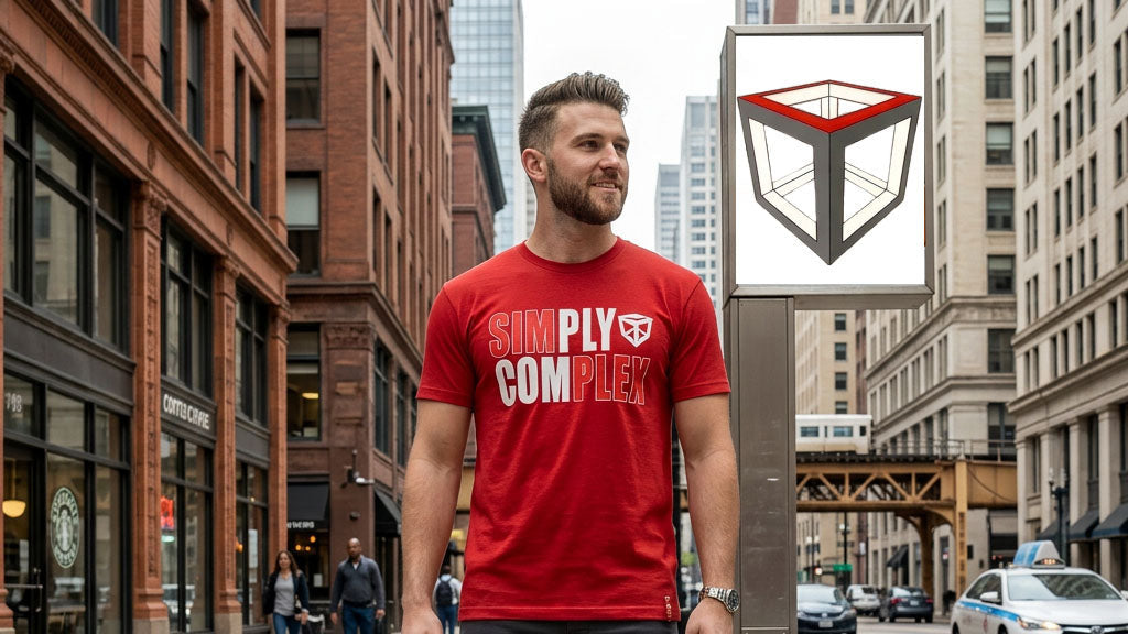 Man wearing a red 'Simplify Complex' t-shirt on a city street